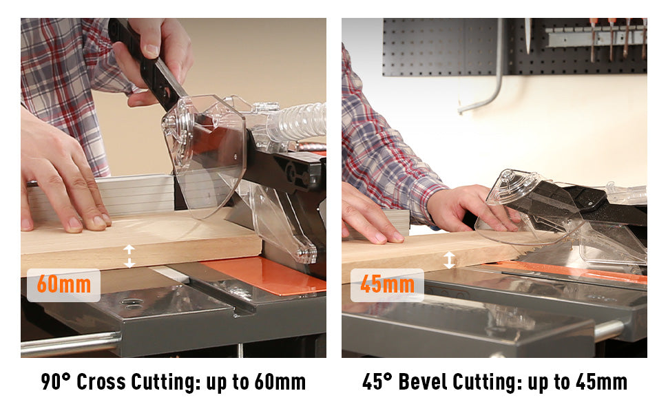 Two images showing a table saw with measurements for cross cutting and bevel cutting.