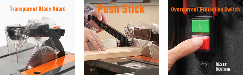 Three features of a table saw with labels: transparent blade guard, push stick, and overcurrent protection switch.