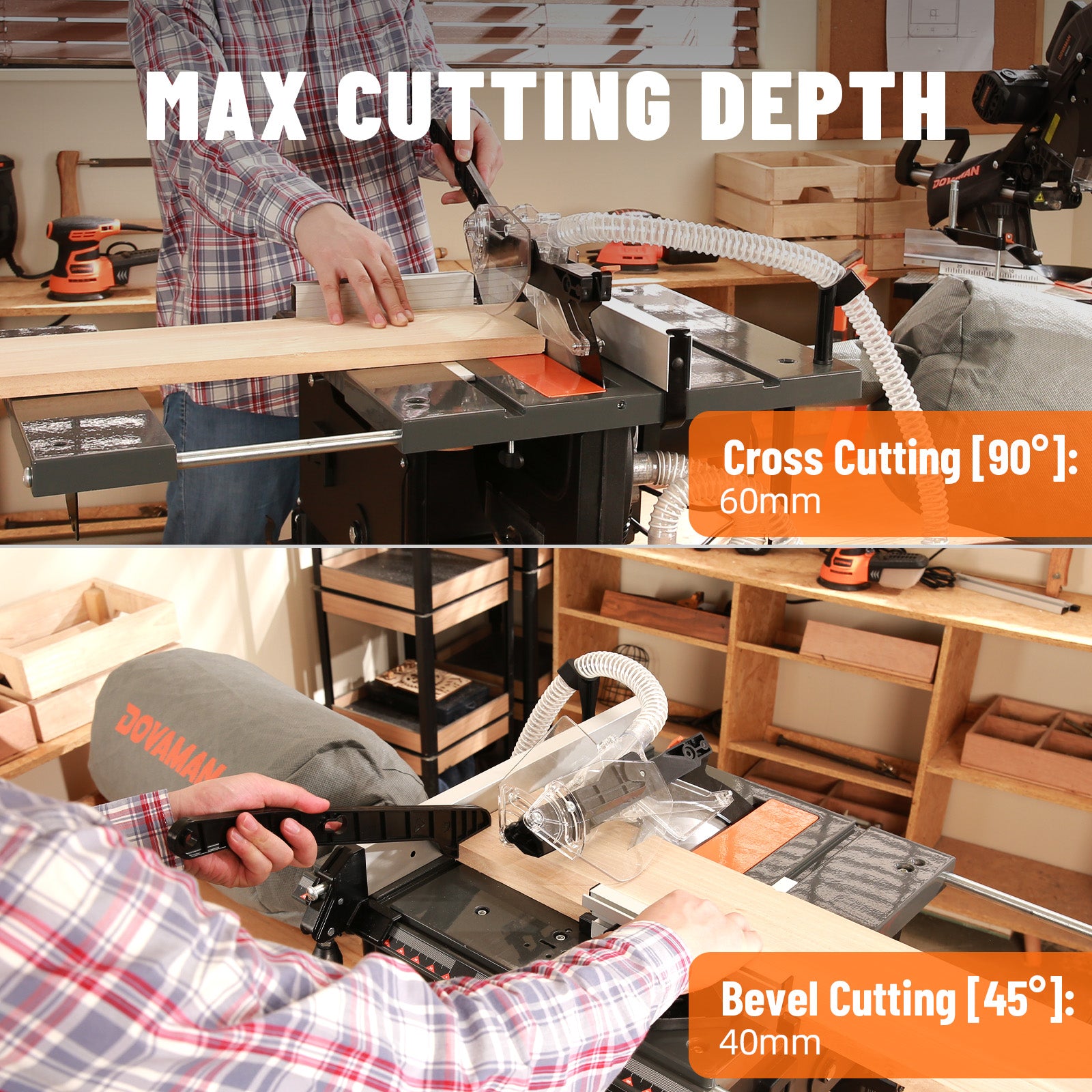 Woodworking table saw demonstration with text indicating cutting depths.