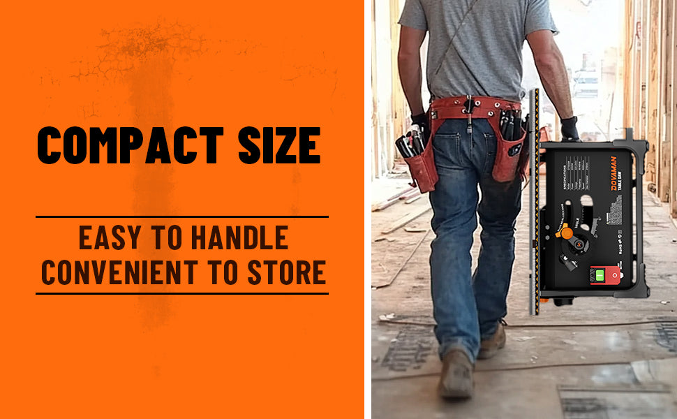 Person carrying a tool chest with text about compact size on an orange background