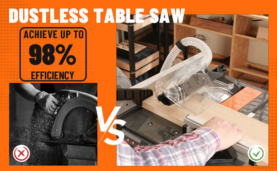 Advertisement for a dustless table saw with text and images of a person using it.