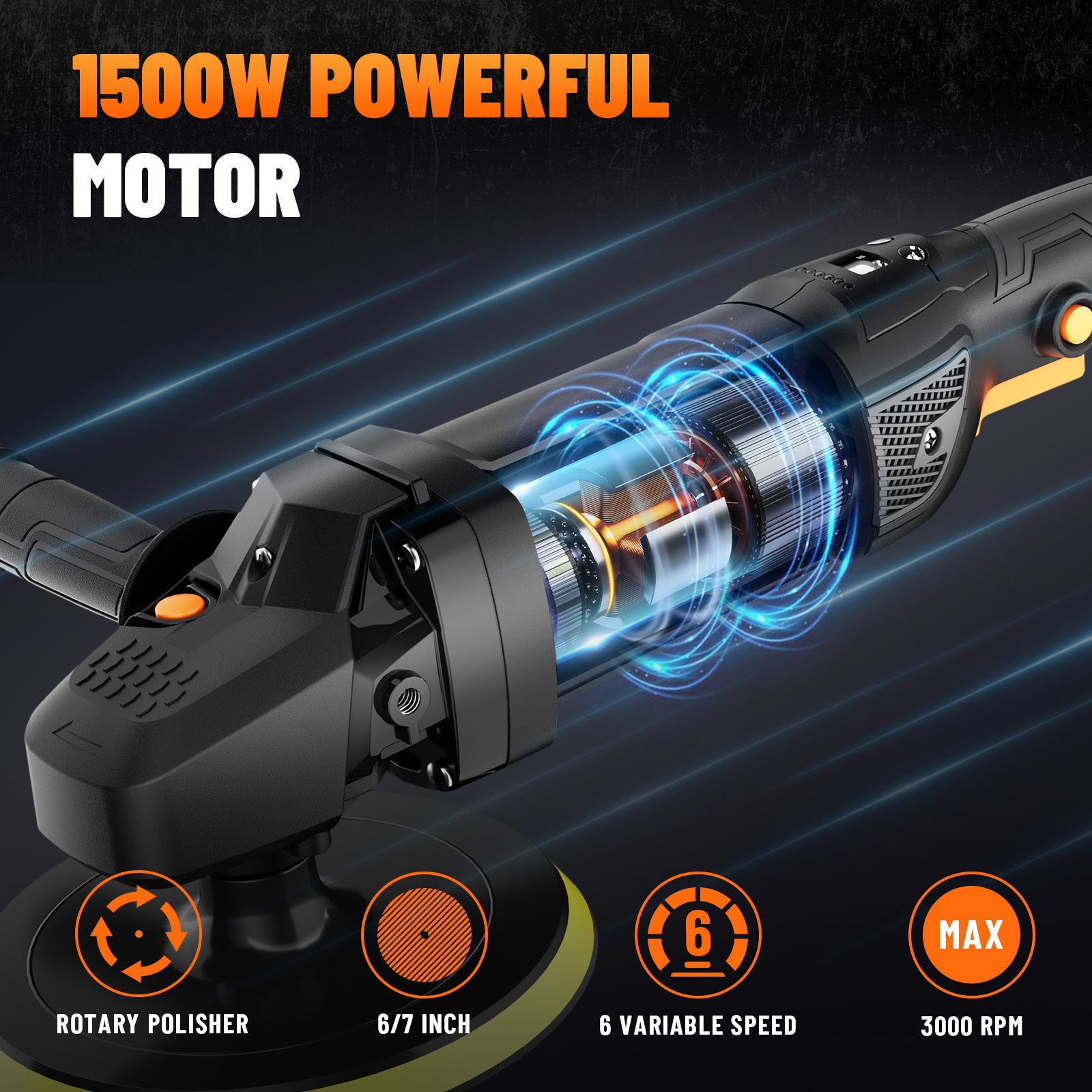Rotary polisher with 1500W powerful motor on a dark background