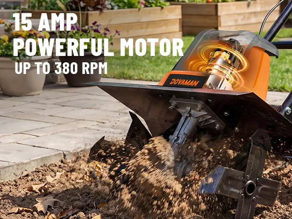 DOVANAN tiller with 15 AMP powerful motor and up to 380 RPM text overlay, outdoor setting.