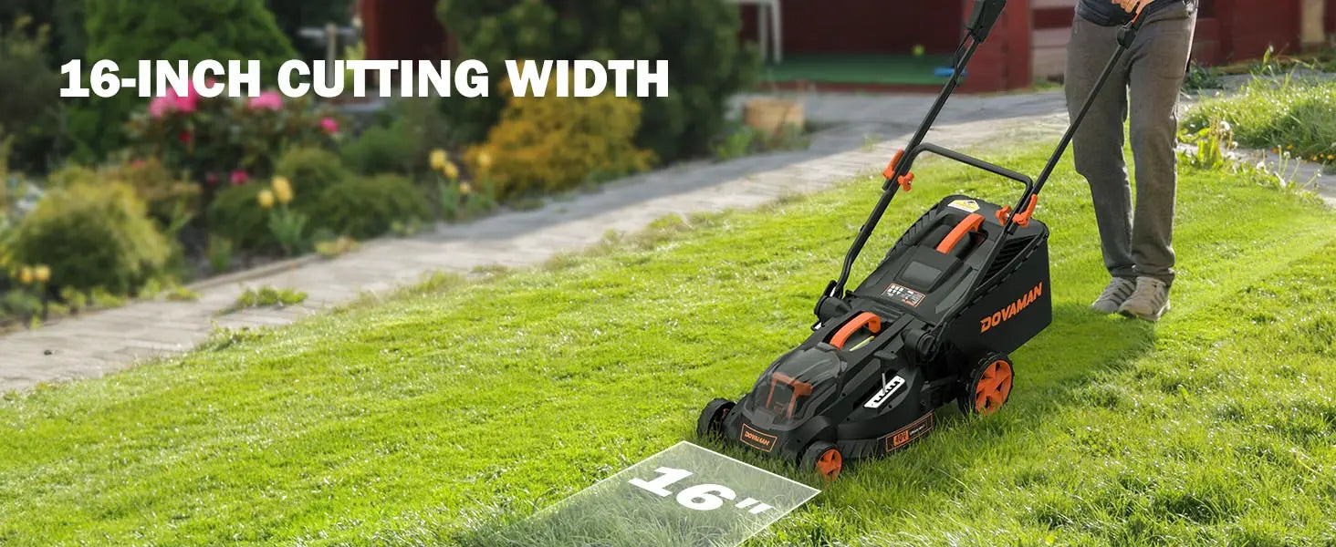 Person using a lawn mower with a 16-inch cutting width on a grassy area.