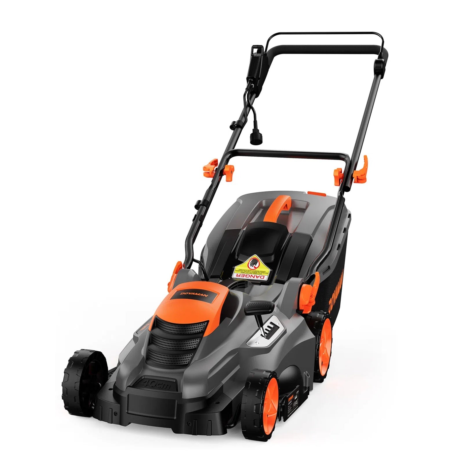Orange and gray lawn mower on a white background