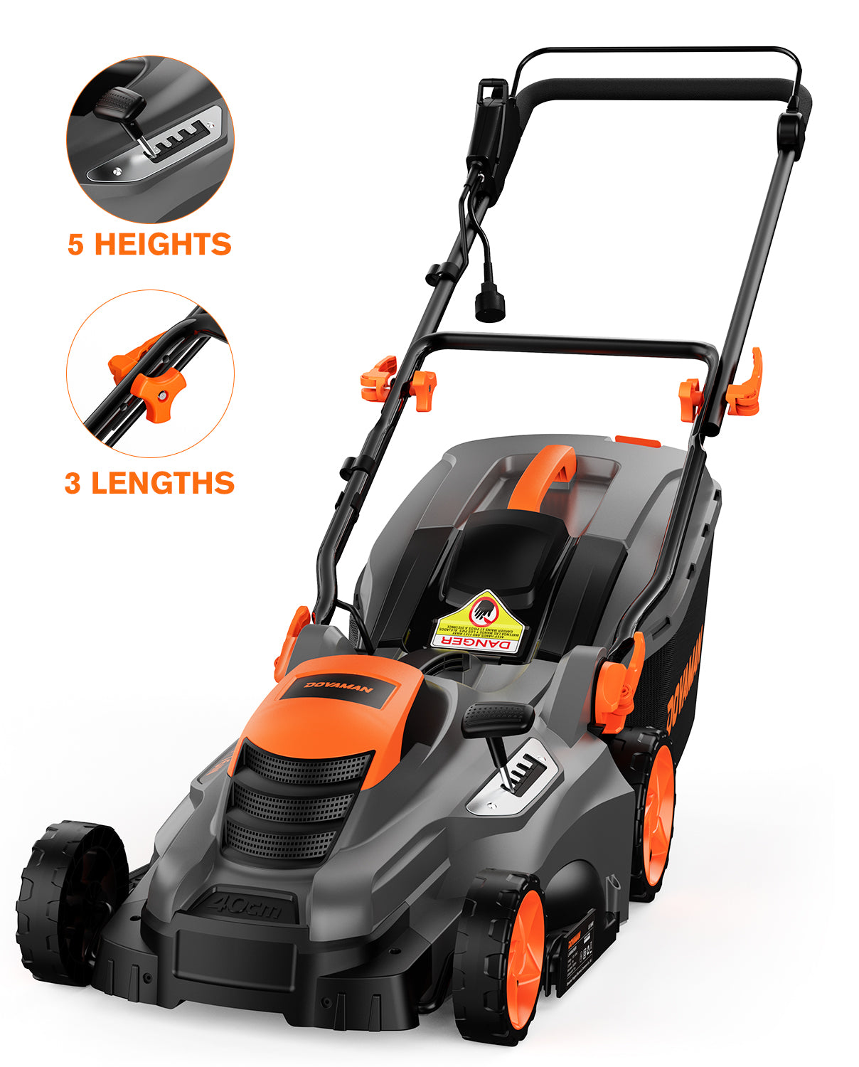Lawn mower with adjustable height and length on a white background