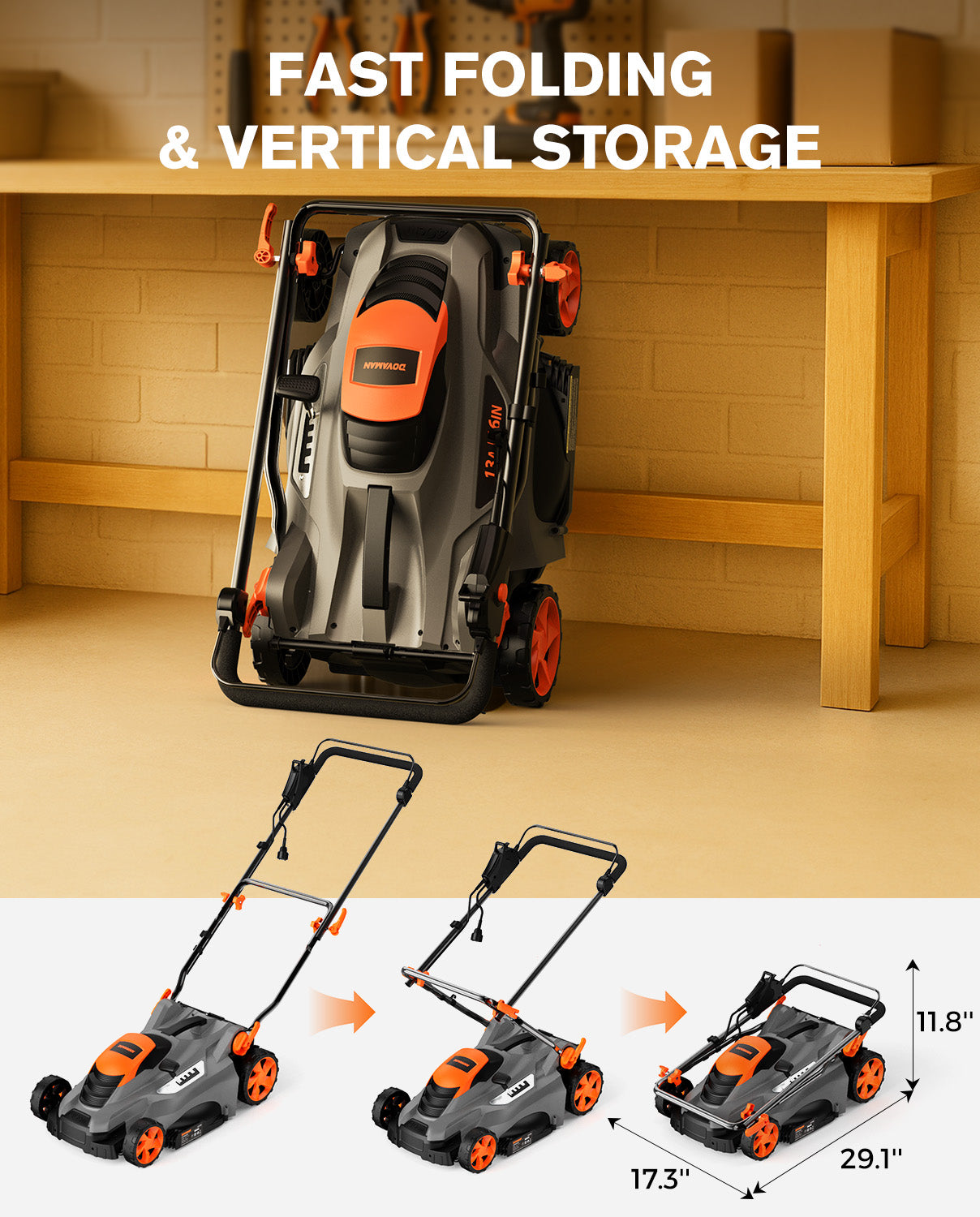 Foldable lawn mower with storage features shown against a neutral background