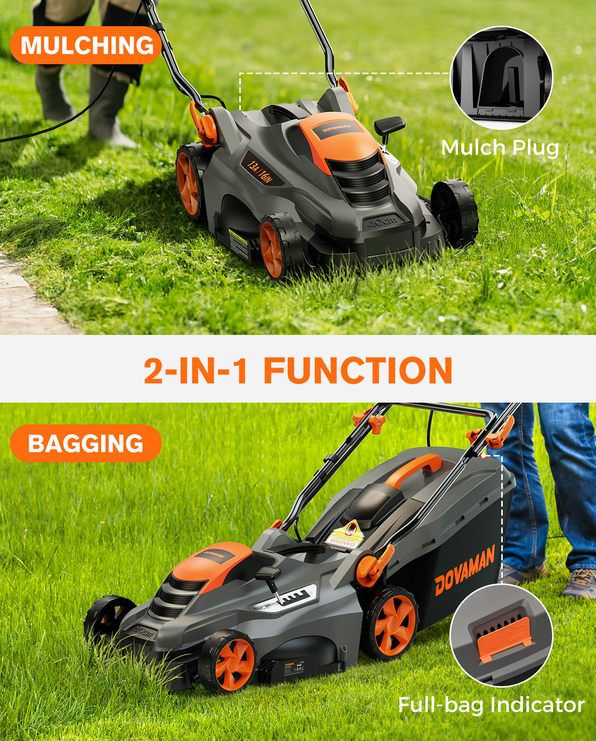 A lawn mower with mulching and bagging functions, featuring the brand 'DOVAMAN'.