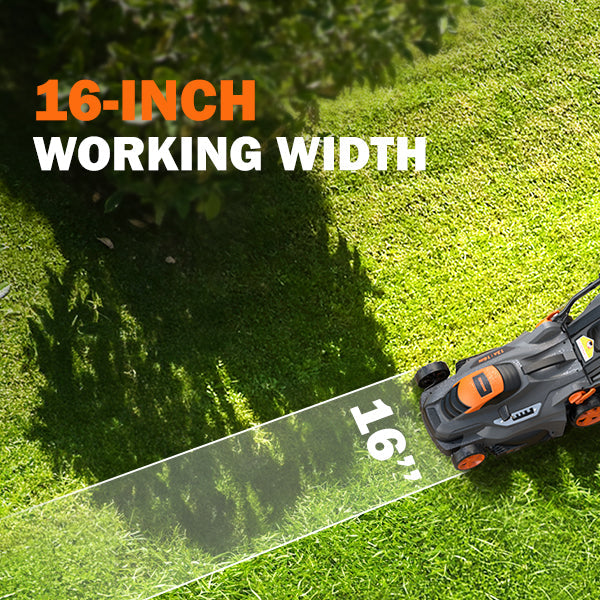 A person using a lawn mower with a 16-inch working width on a grassy area.
