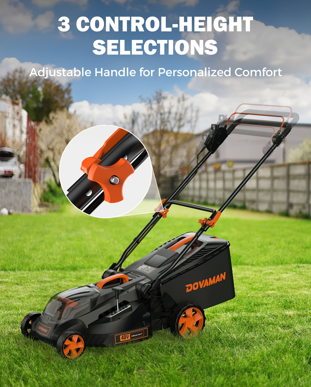 Mower with adjustable handle and 3 control-height selections on grassy lawn
