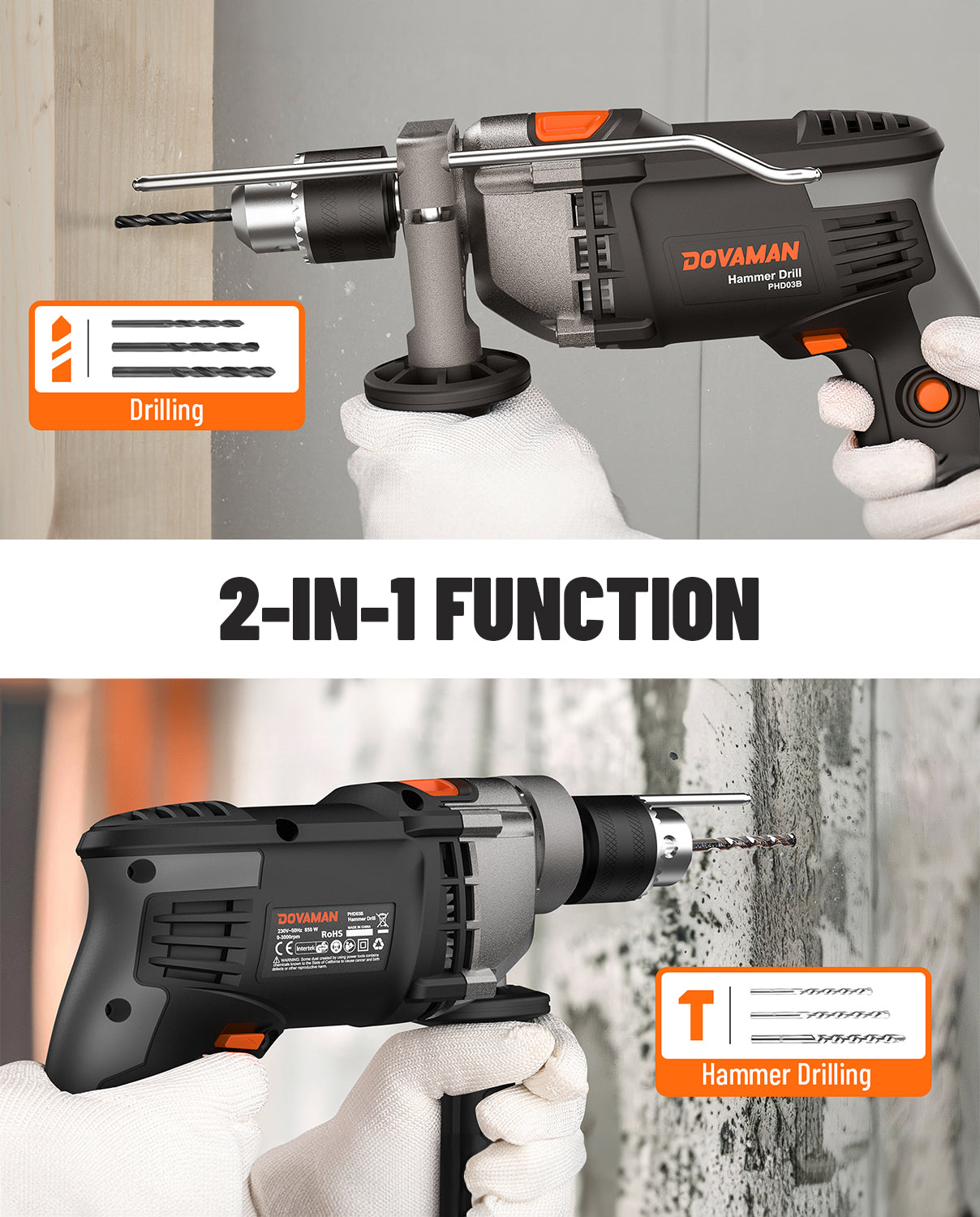 DOVAMAN drill with 2-in-1 function labeled, showing drilling and hammer drilling actions.