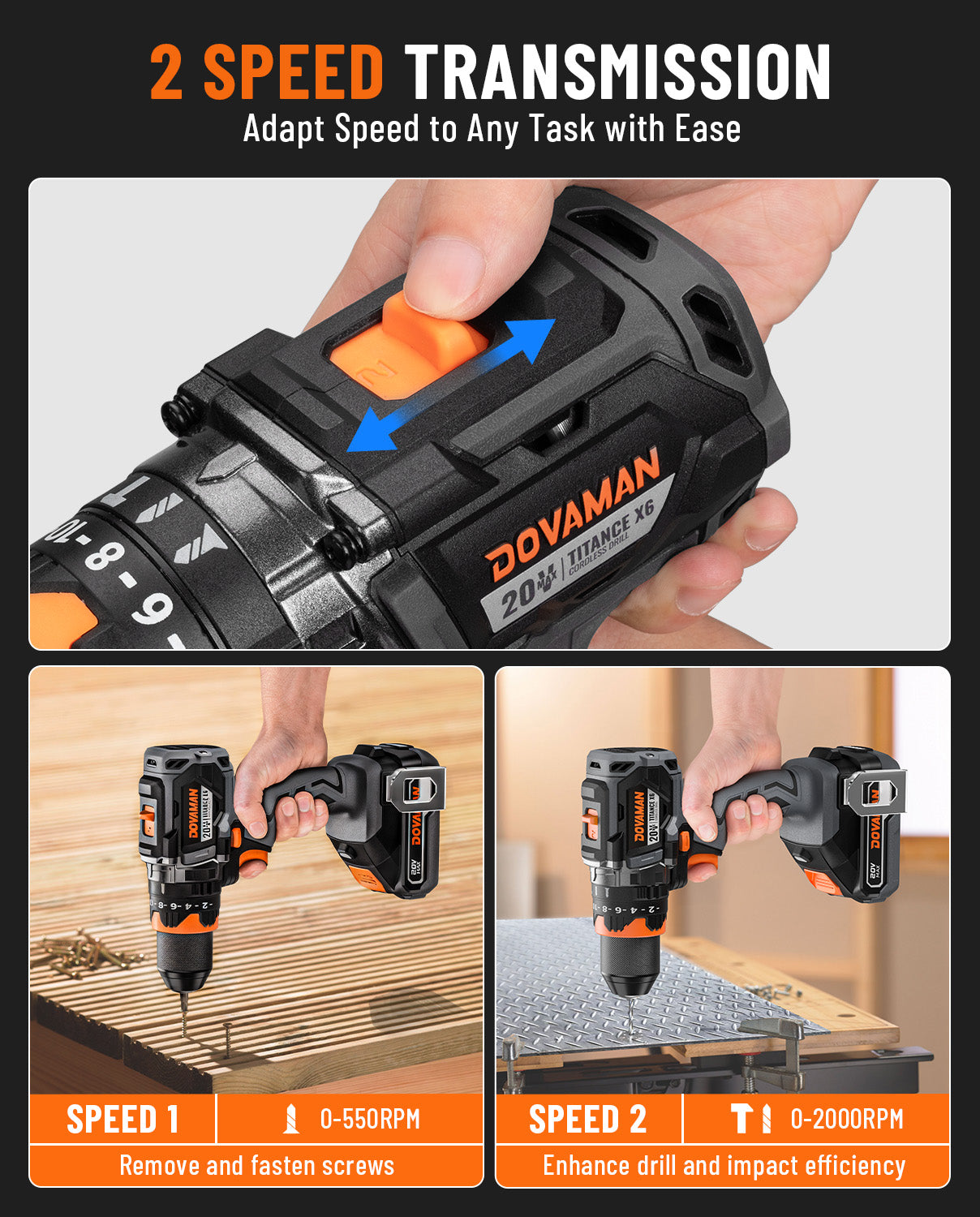 DOVAMAN drill with 2-speed transmission feature, shown in use on a wooden surface.