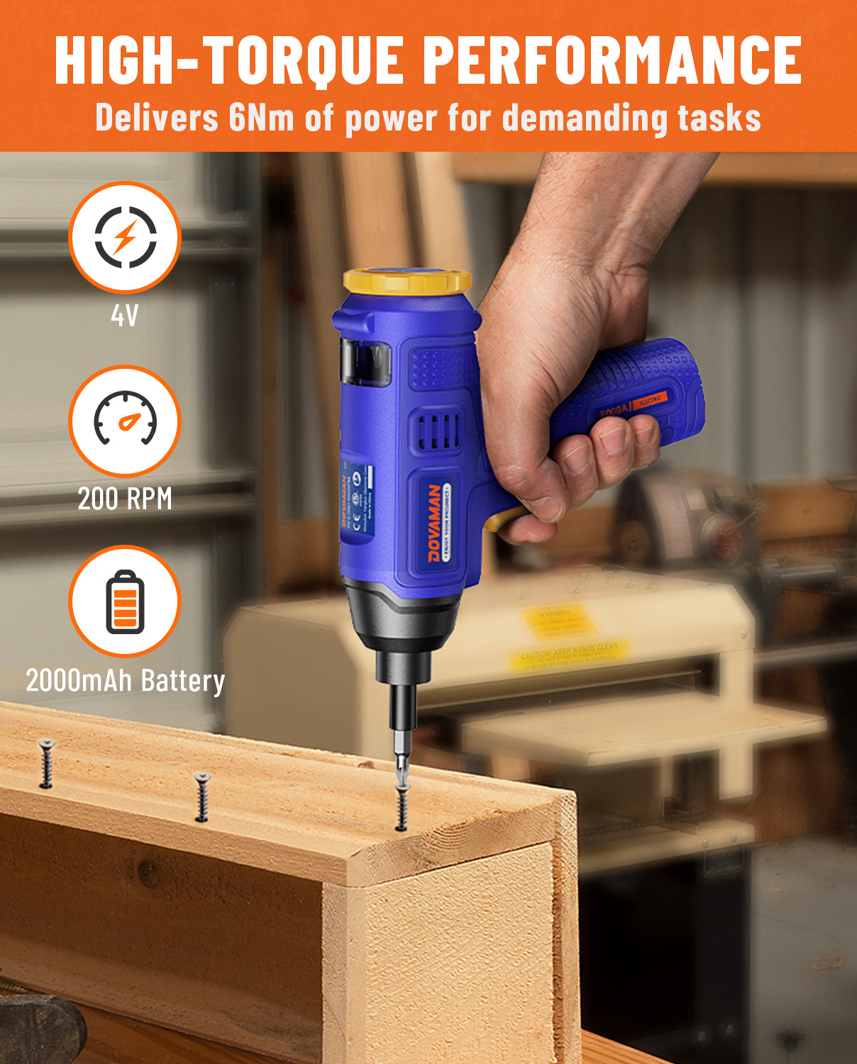 Blue cordless screwdriver being used on a wooden surface with text highlighting high-torque performance.
