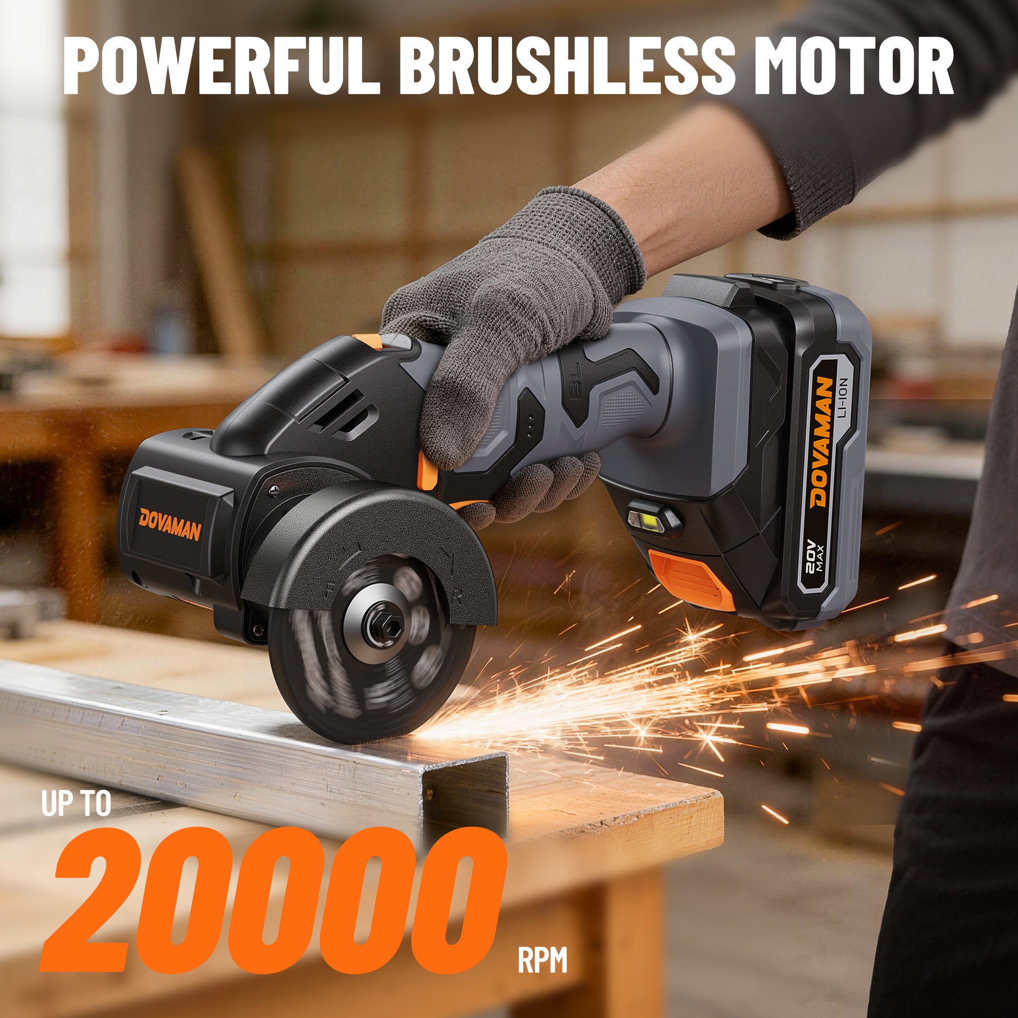 Person using a DOVAMAN power cut-off tool with sparks, emphasizing a powerful brushless motor.