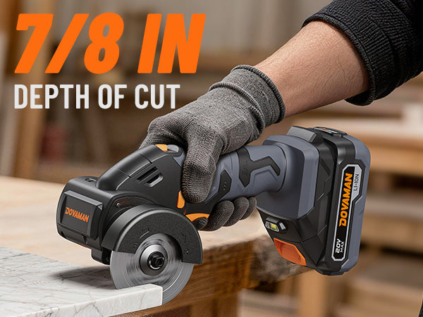Person using a Dovaman angle grinder with text indicating 7/8 inch depth of cut.