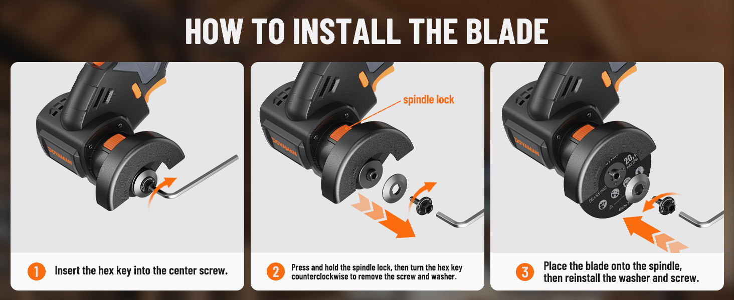 Step-by-step guide on how to install a blade with labeled parts and arrows.