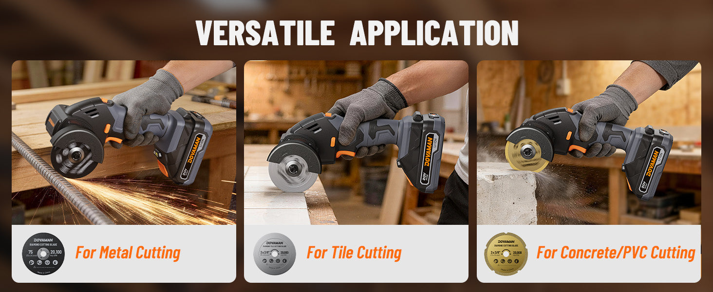 Three images showing a power tool being used for metal, tile, and concrete/PVC cutting with text indicating versatile application.