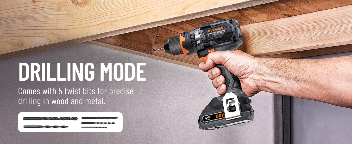 Hand holding a cordless drill with text about drilling mode and twist bits on a wooden background