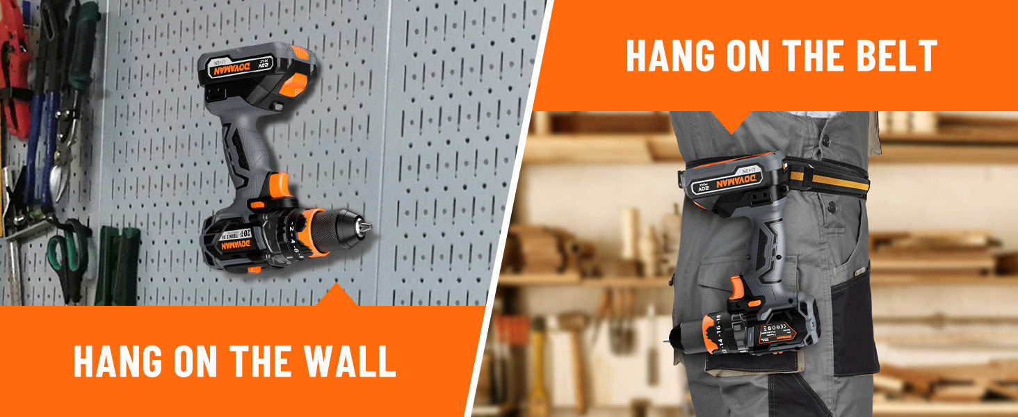 Drill on a pegboard with text 'Hang on the wall' and drill on a belt with text 'Hang on the belt'.