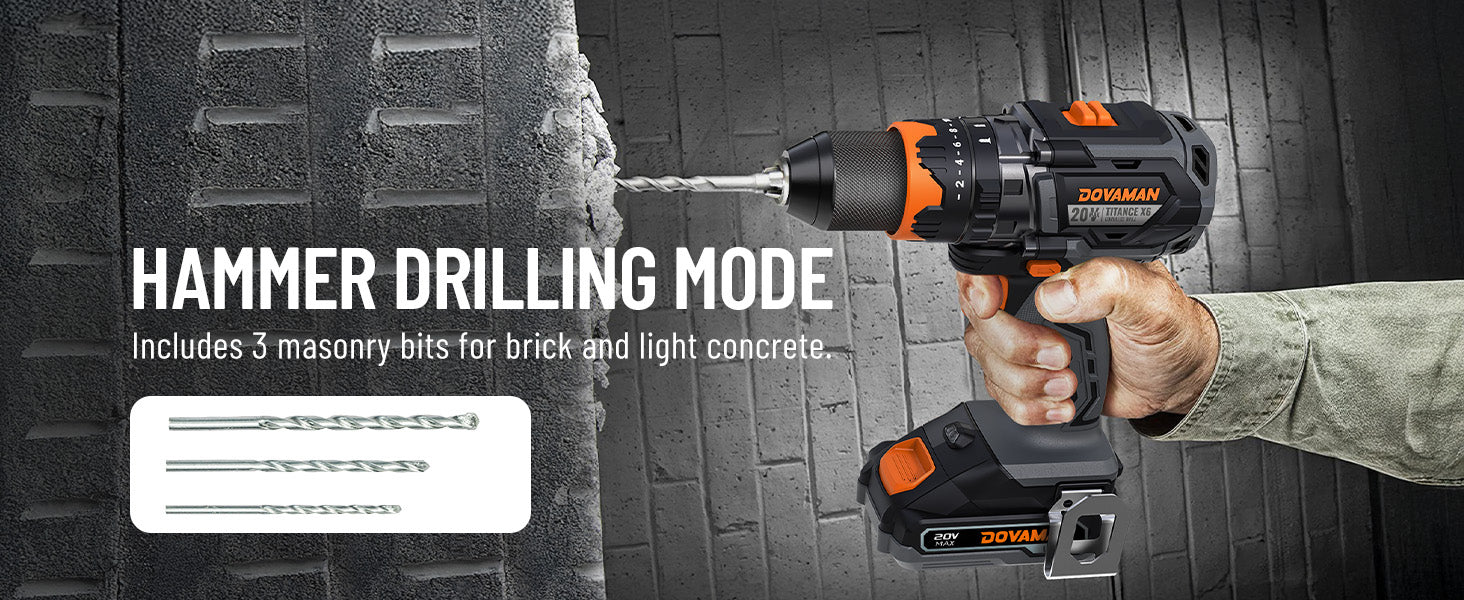 Dremel tool with hammer drilling mode being used on a concrete surface, featuring text about masonry bits.
