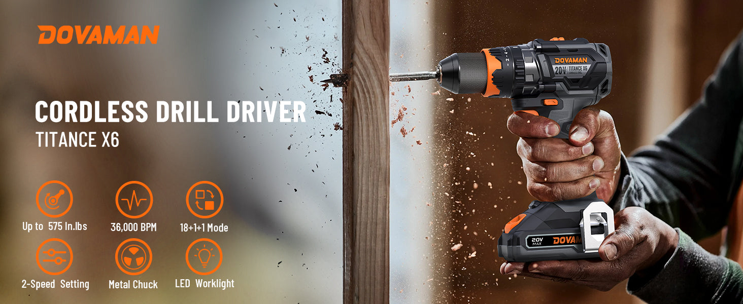 Dovaman cordless drill driver being used on a wooden surface with product details on the left.