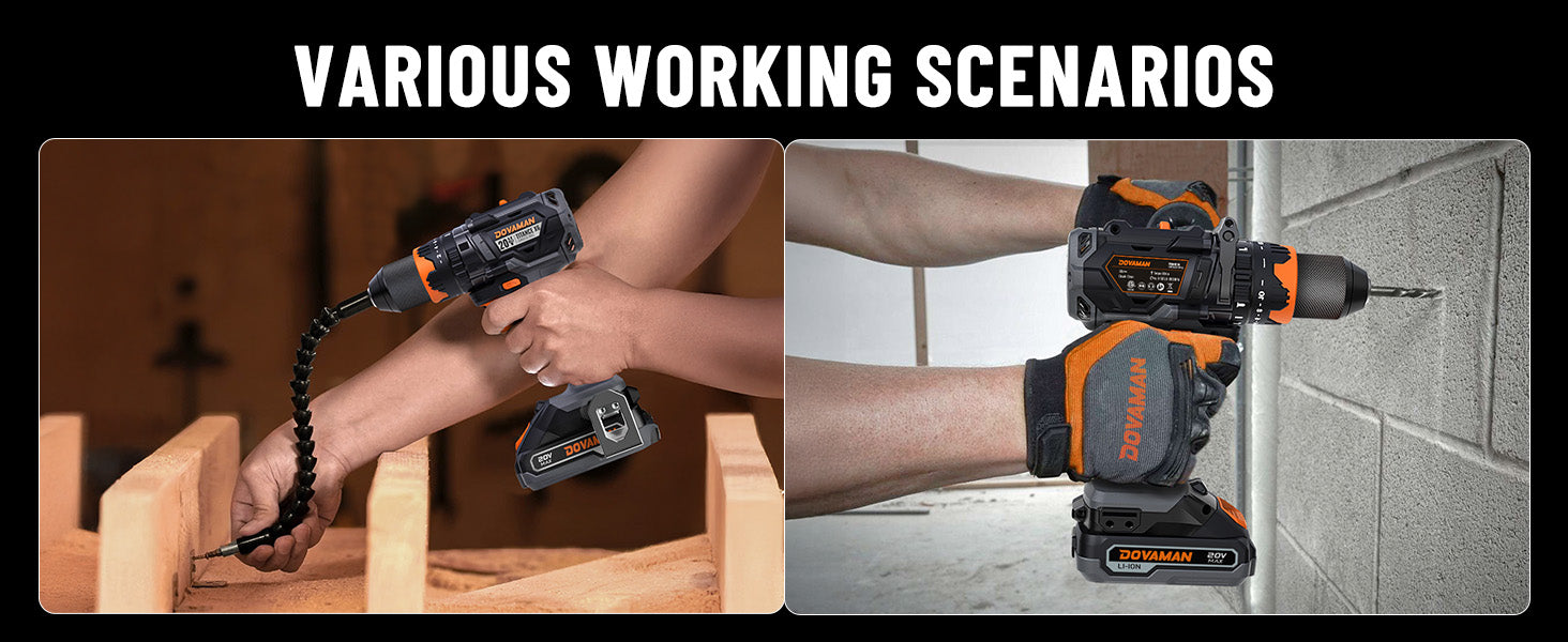 Two images showing a person using a cordless drill and saw on construction tasks.