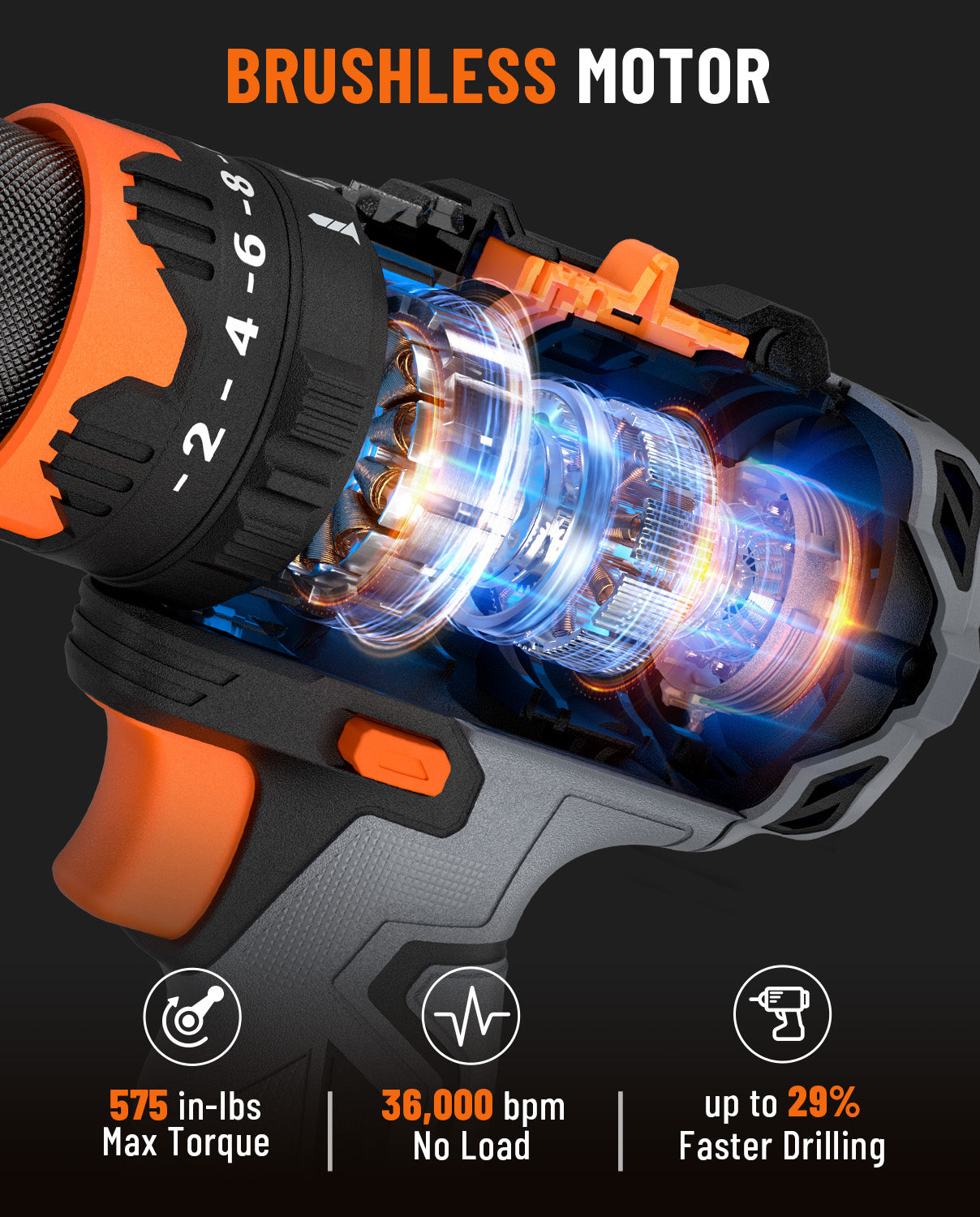 Electric drill with brushless motor with 575 in-lbs max torque and 36000 bpm no load on a dark background