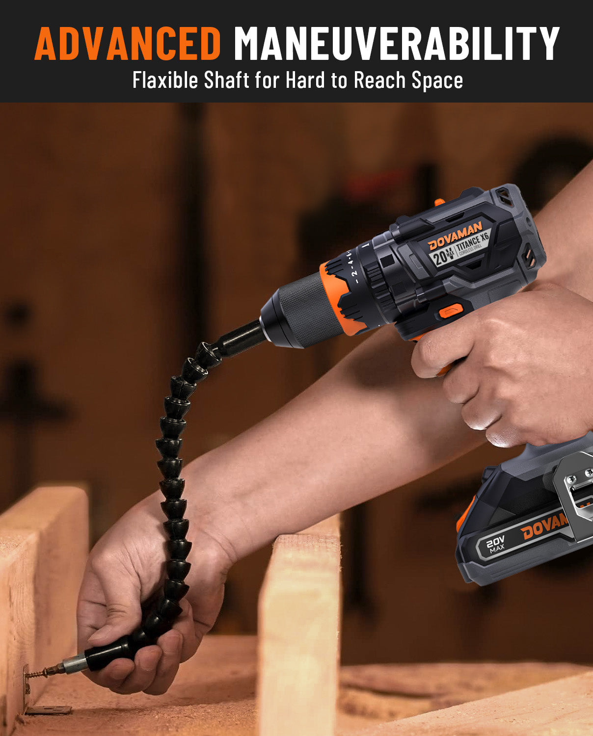 Person using a Dovman drill with a flexible shaft on a wooden surface, highlighting advanced maneuverability.
