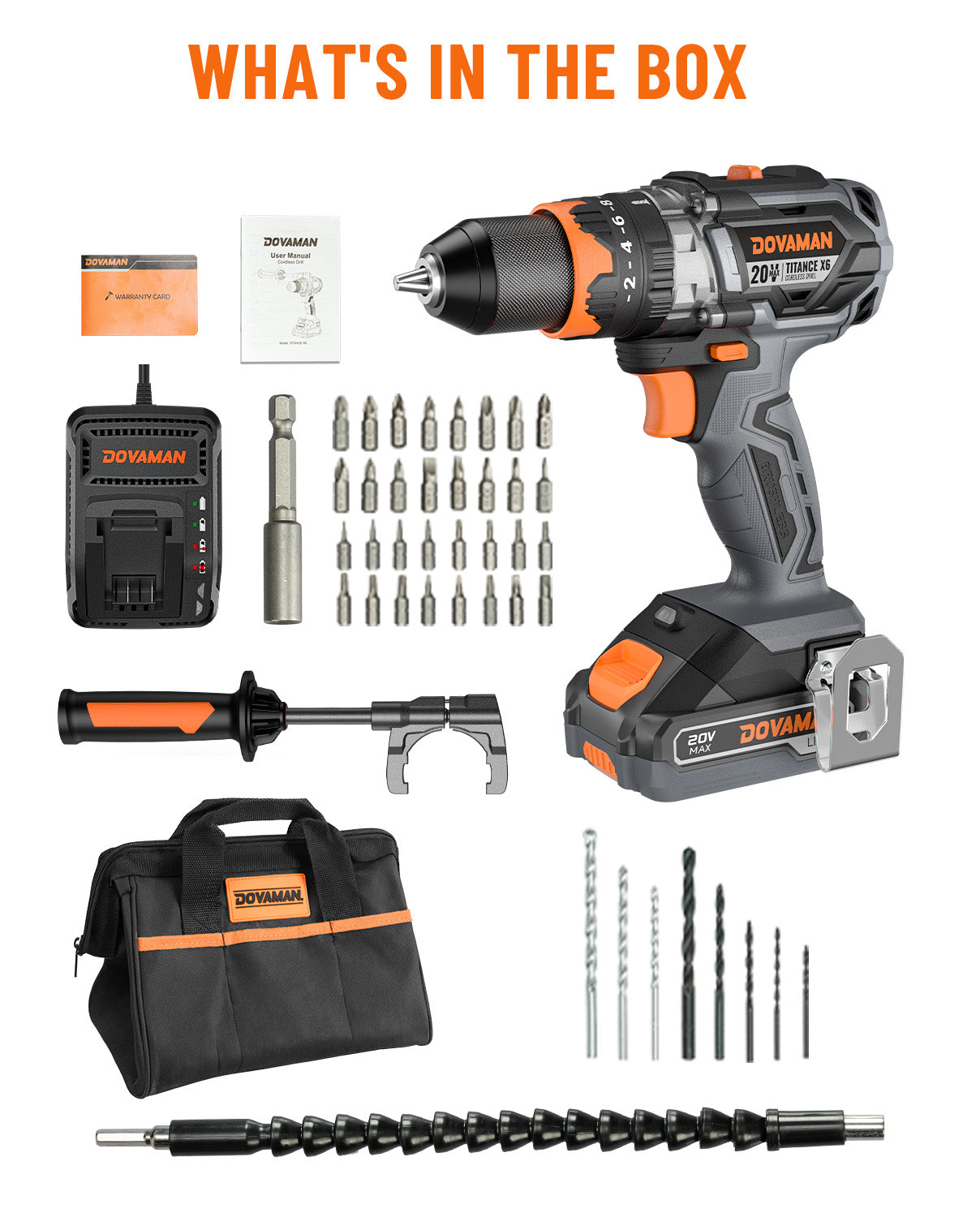 DOVAMAN power drill set with accessories on a white background