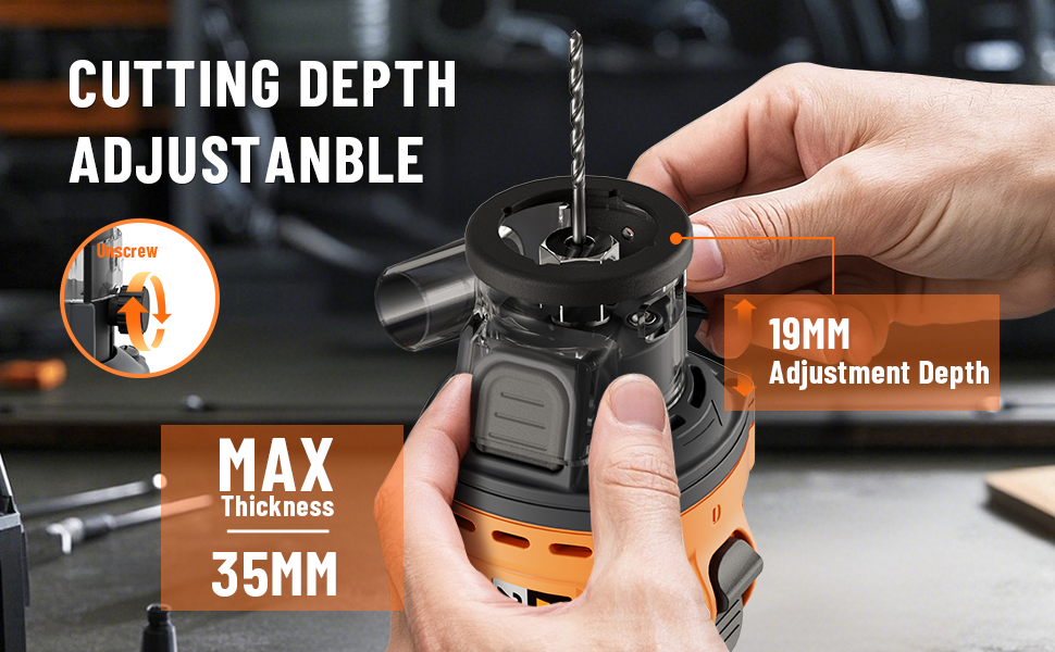 Drill with adjustable cutting depth feature being demonstrated