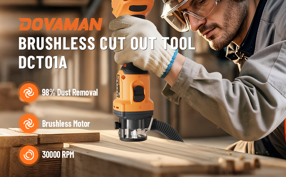 Person using a DOVAMAN brushless cut out tool on a wooden surface with product details displayed.