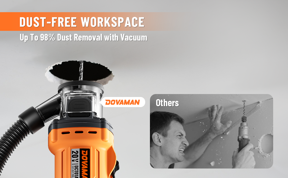 Dovaman vacuum tool with dust removal feature on a gray background