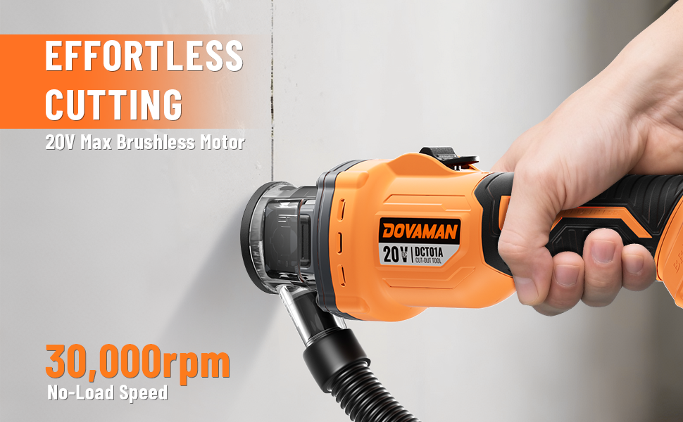 Orange Dovaman power tool being used on a white wall with text highlighting features.