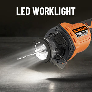 Drill with LED worklight on a dark background, featuring the Dewalt brand.