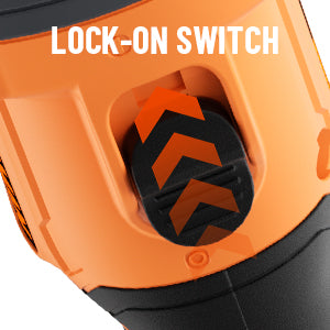 Close-up of a lock-on switch on an orange and black tool with 'LOCK-ON SWITCH' text.