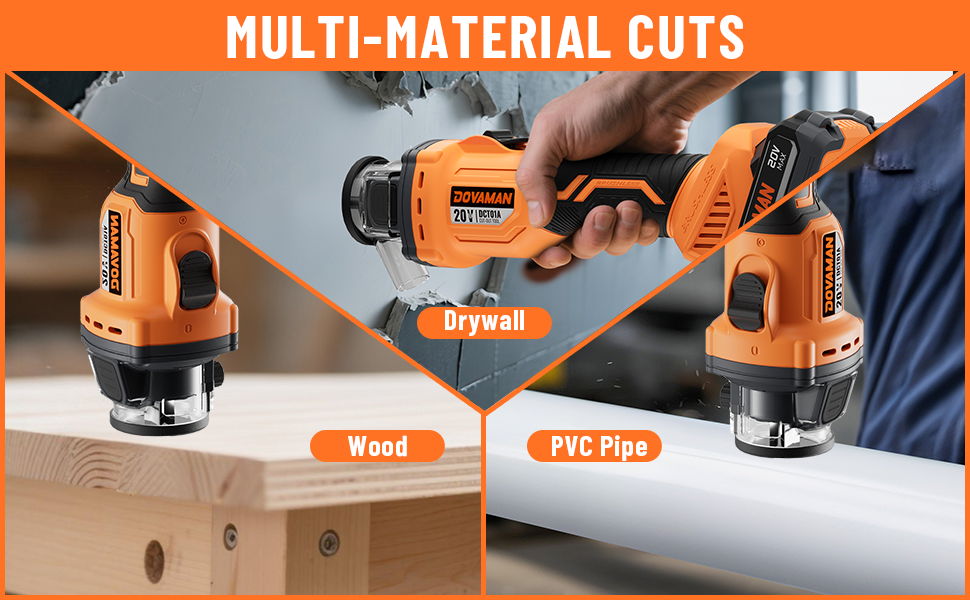 Handheld power tool being used on drywall, wood, and PVC pipe with 'Multi-Material Cuts' text above.