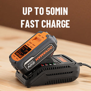 DOVAMAN battery charger with 'Up to 50min fast charge' text on a wooden surface.
