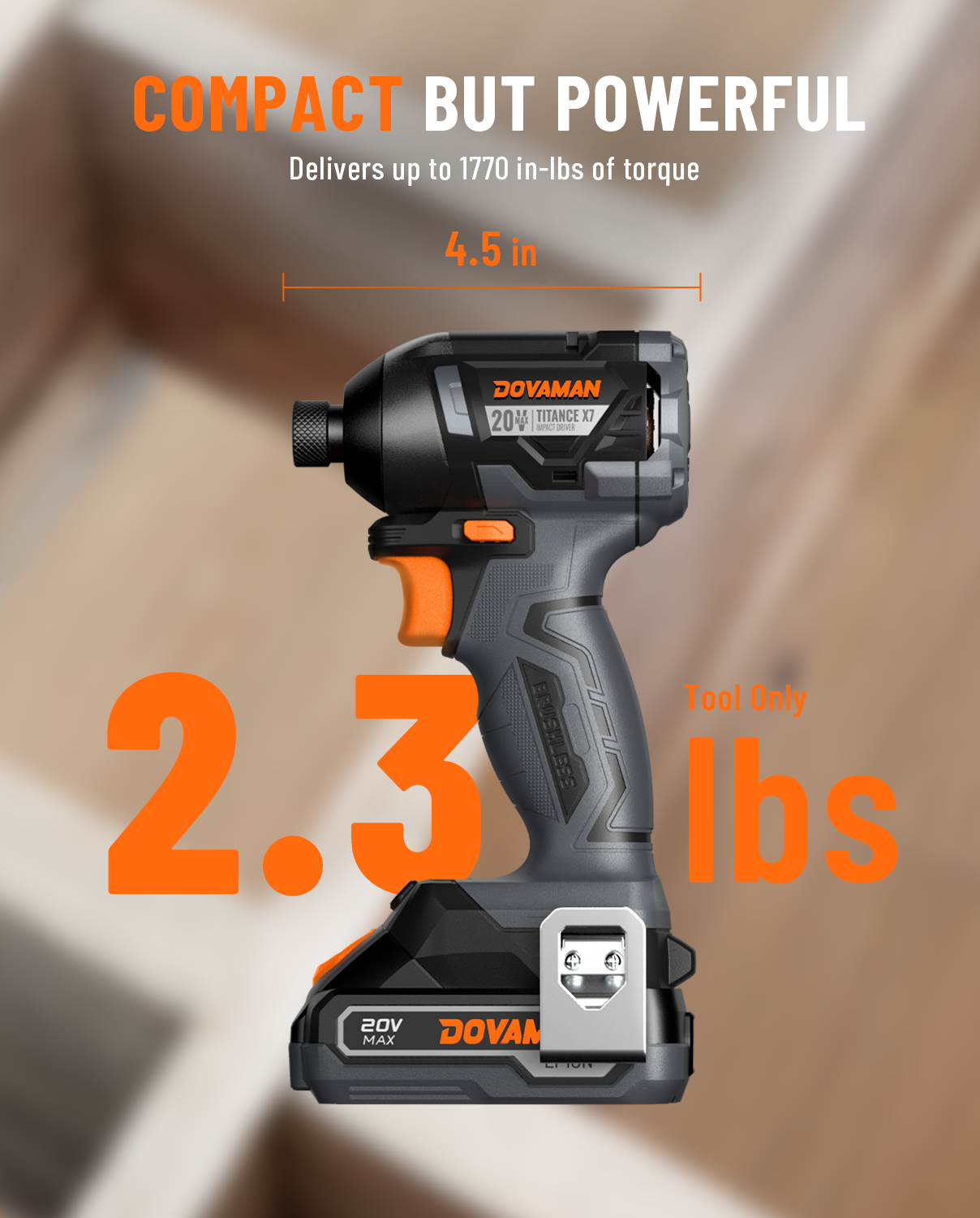 DOVAMAN impact driver with specifications on a blurred background