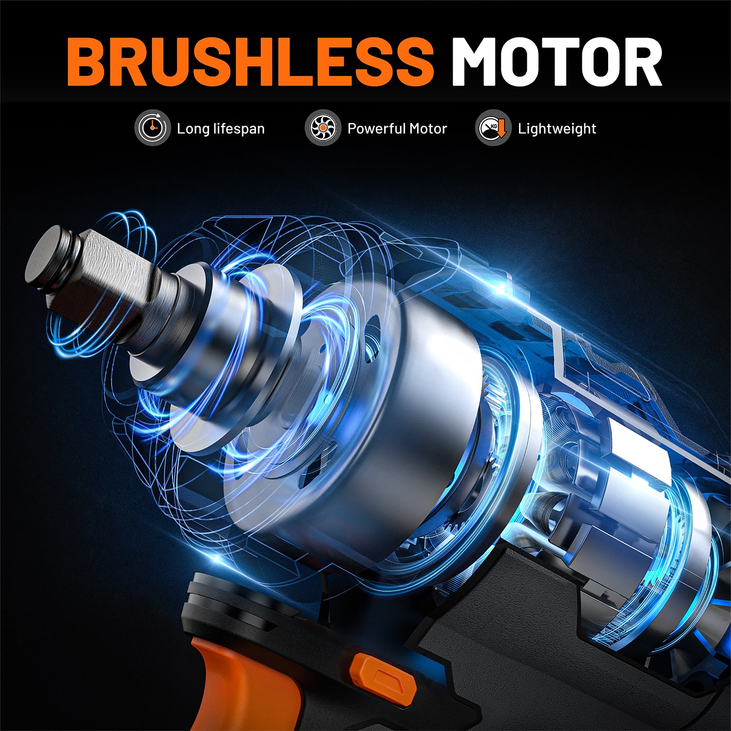 Brushless motor with features highlighted on a dark background
