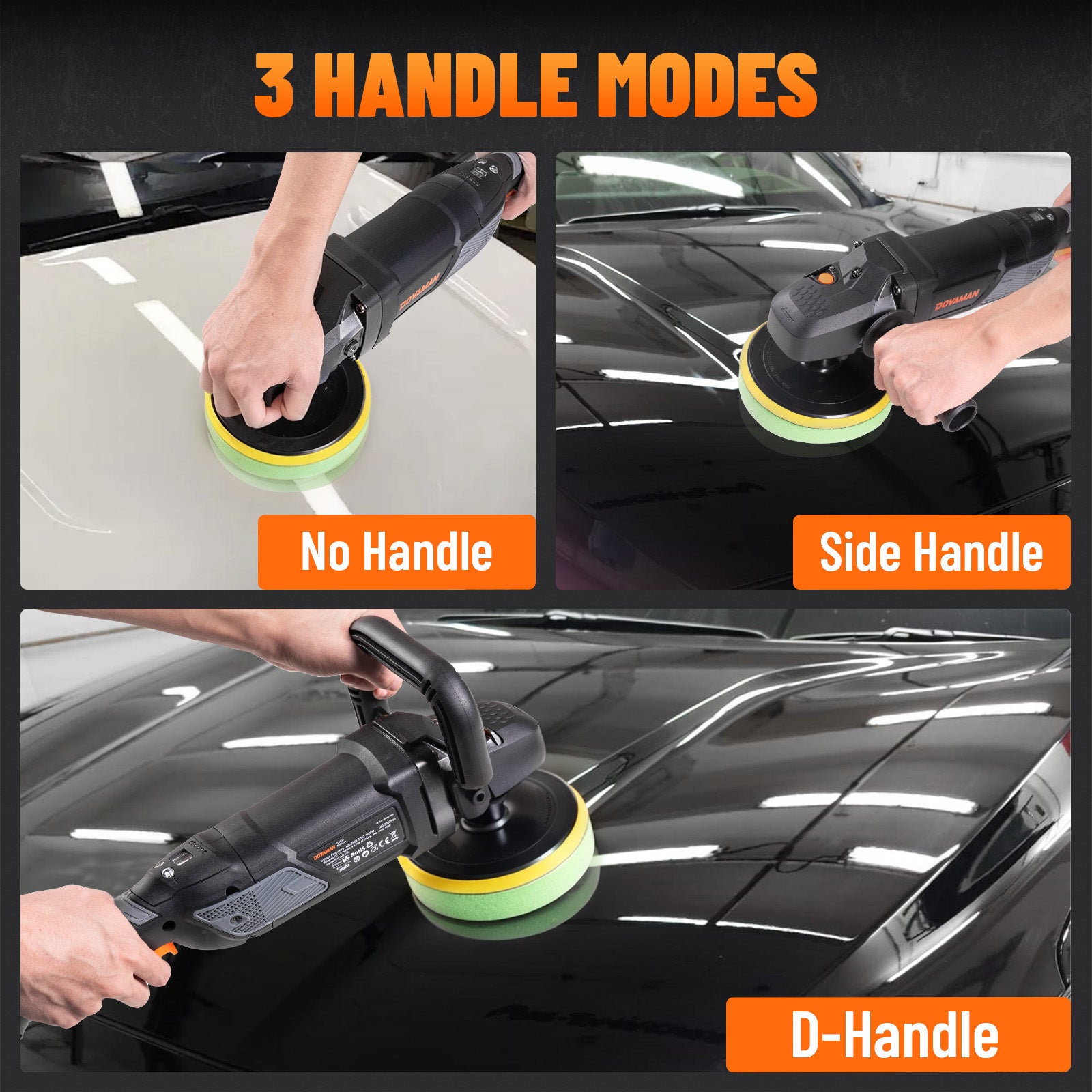 Car polisher with three handle modes displayed on a black background.