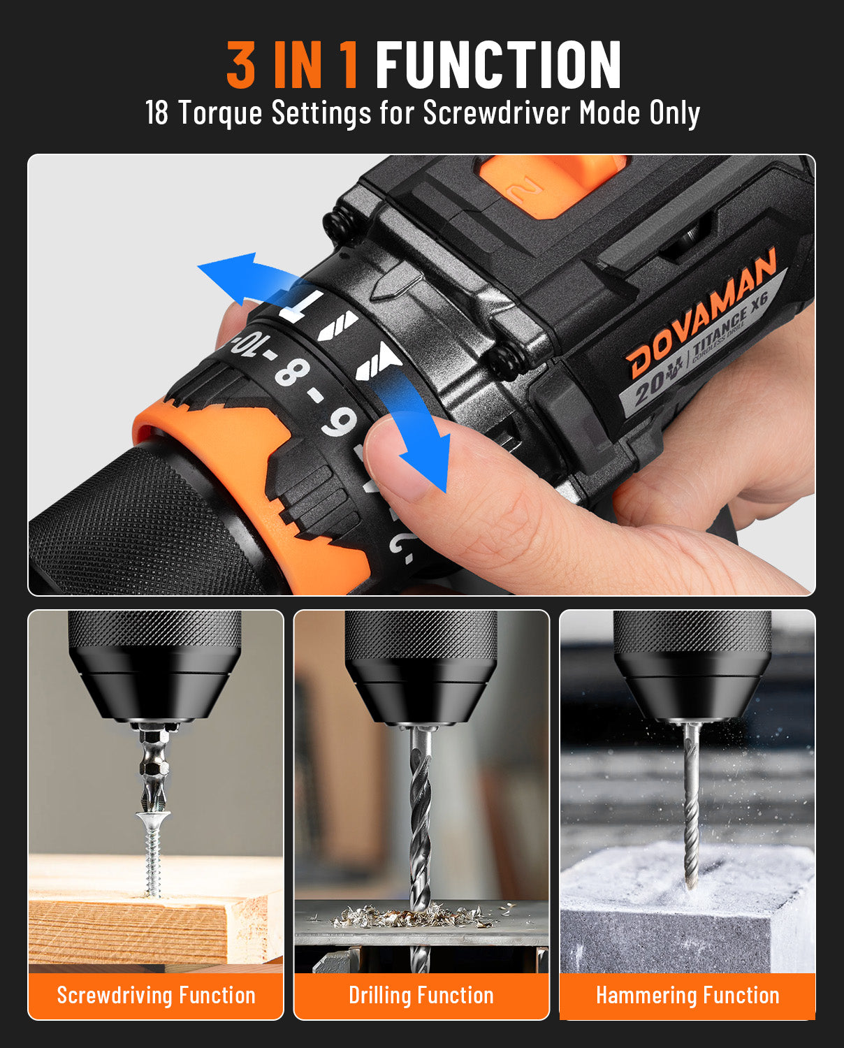 DOVAMAN power drill with multiple functions--screwdriving, drilling, and hammering a gray background