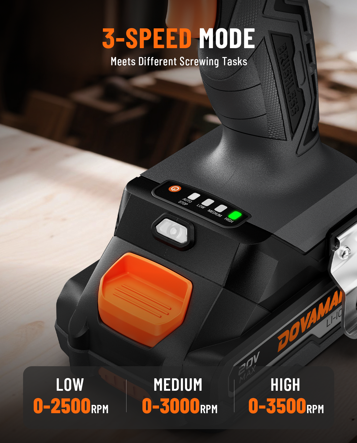 DOVAMAN power tool with 3-speed mode display on a blurred workshop background