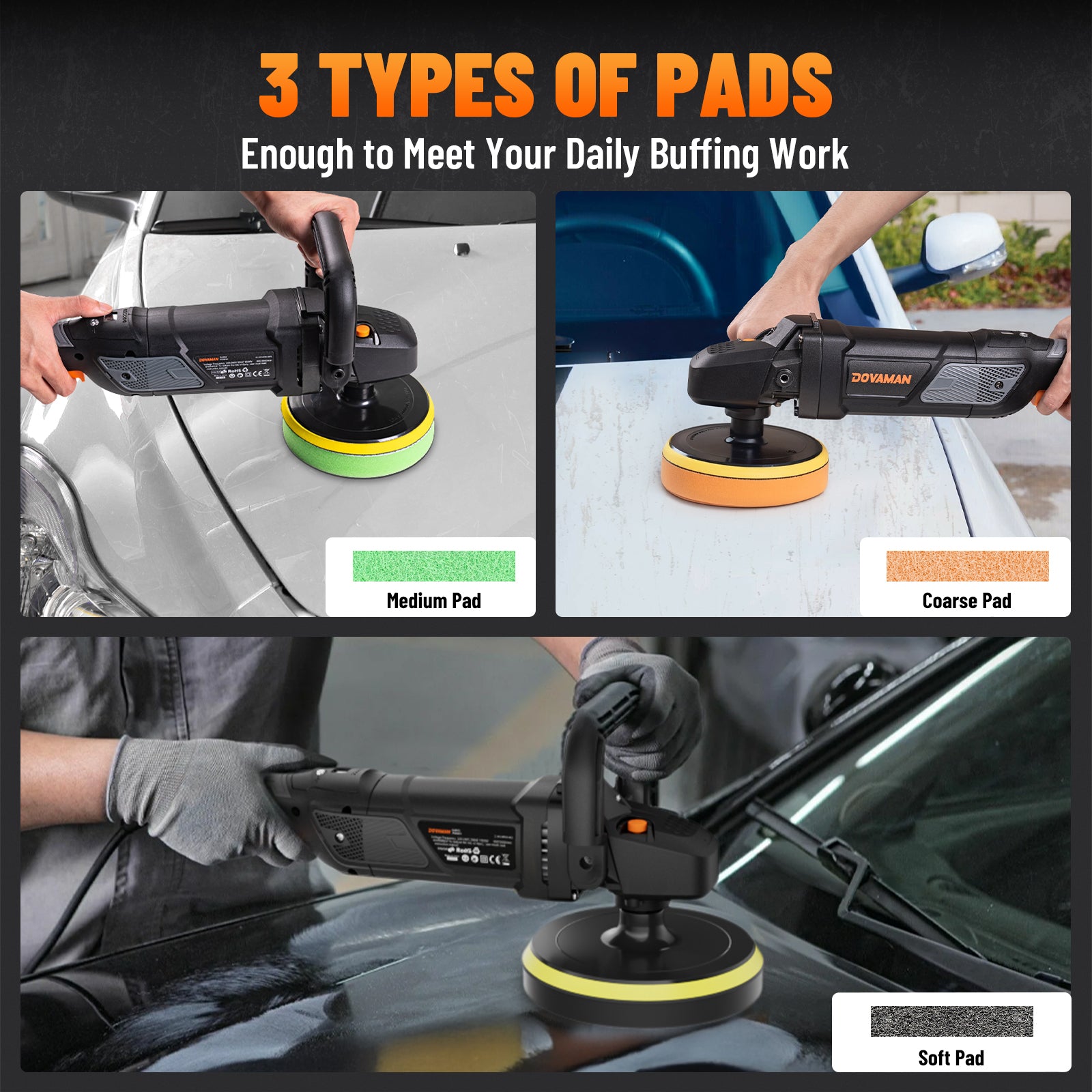 Three different types of pads used with a car polisher on a car.