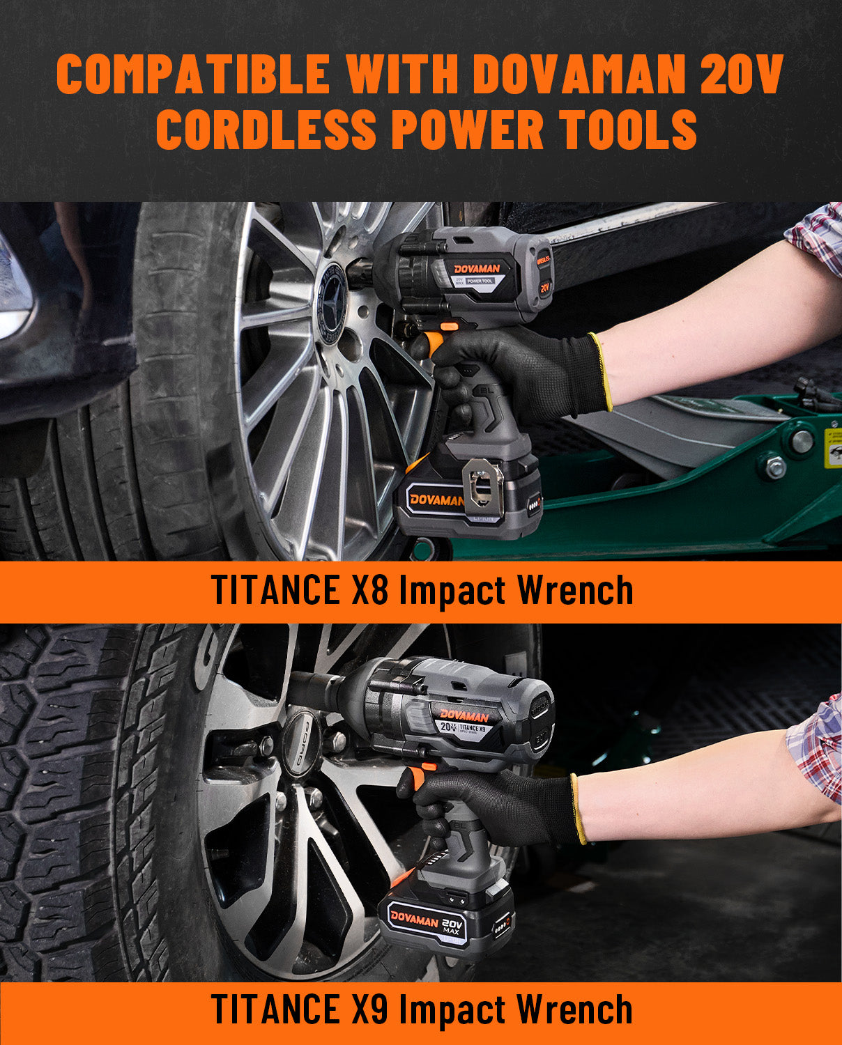 DOVAMAN B200 20V 4.0Ah Lithium-ion Battery Pack, Compatible with Cordless TITANCE X8 TITANCE X9 High Torque Impact Wrench (Battery Only), Promotional graphic for impact wrenches showing two black and gray cordless power tools being used on a car wheel, with text reading 'Compatible with Dovanman 20V Cordless Power Tools,' 'Titance X8 Impact Wrench,' and 'Titance X9 Impact Wrench.'