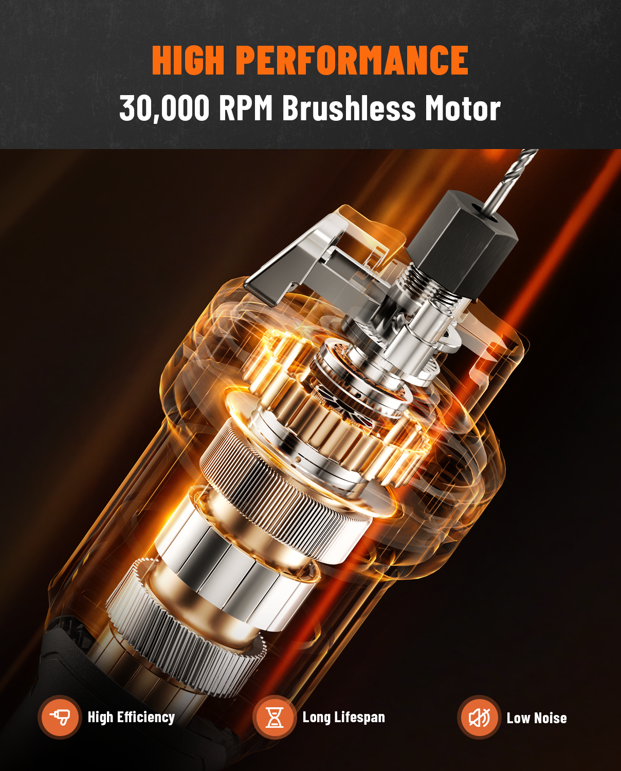 High-performance 30,000 RPM brushless motor with glowing effect on a dark background