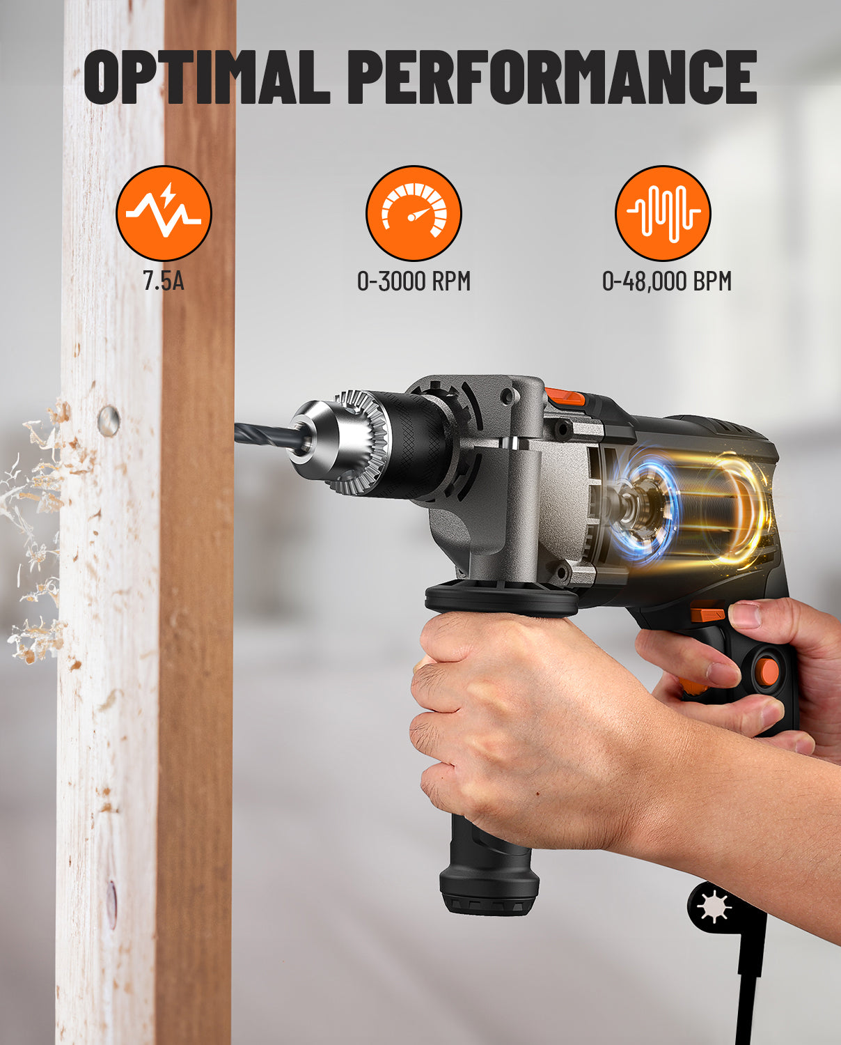 Person using a power drill with text indicating optimal performance features on a white background