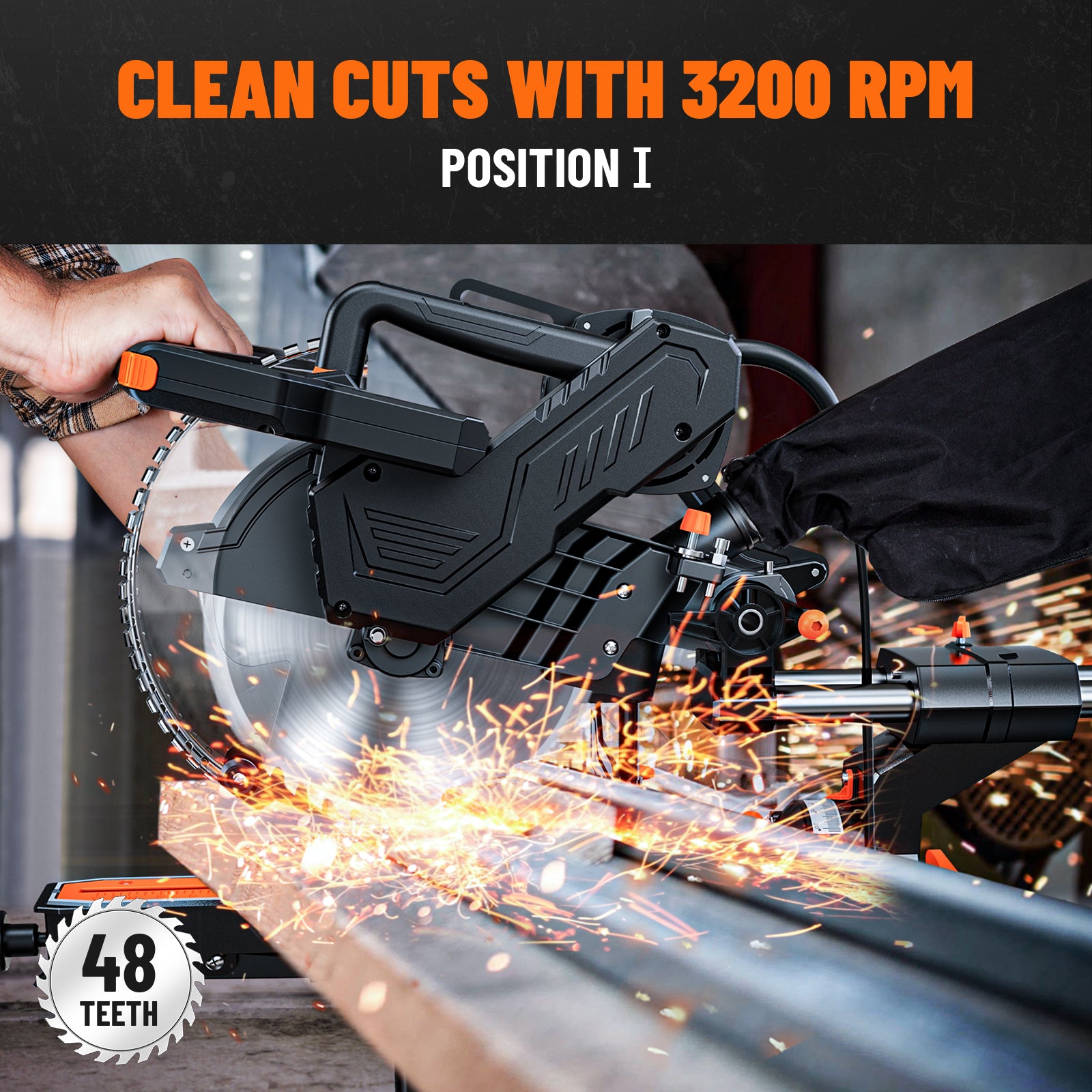 Electric saw cutting metal with sparks, featuring text 'Clean Cuts with 3200 RPM' and '48 Teeth'.
