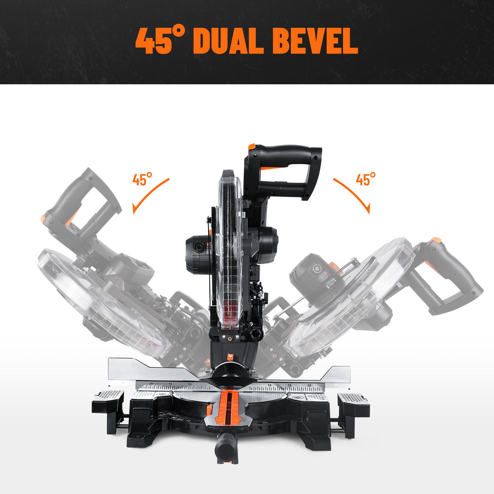 Demonstration of the 45-degree dual bevel function allowing the saw head to tilt left and right