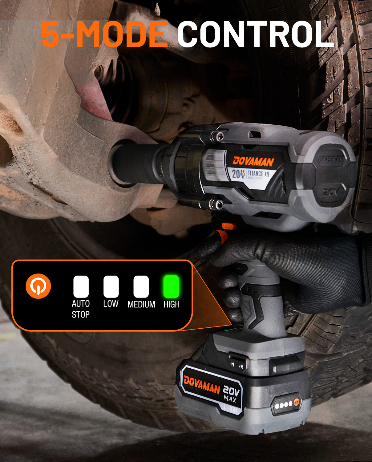 DOVAMAN powerful brushless impact wrench being used on a tire with 5-mode control display.