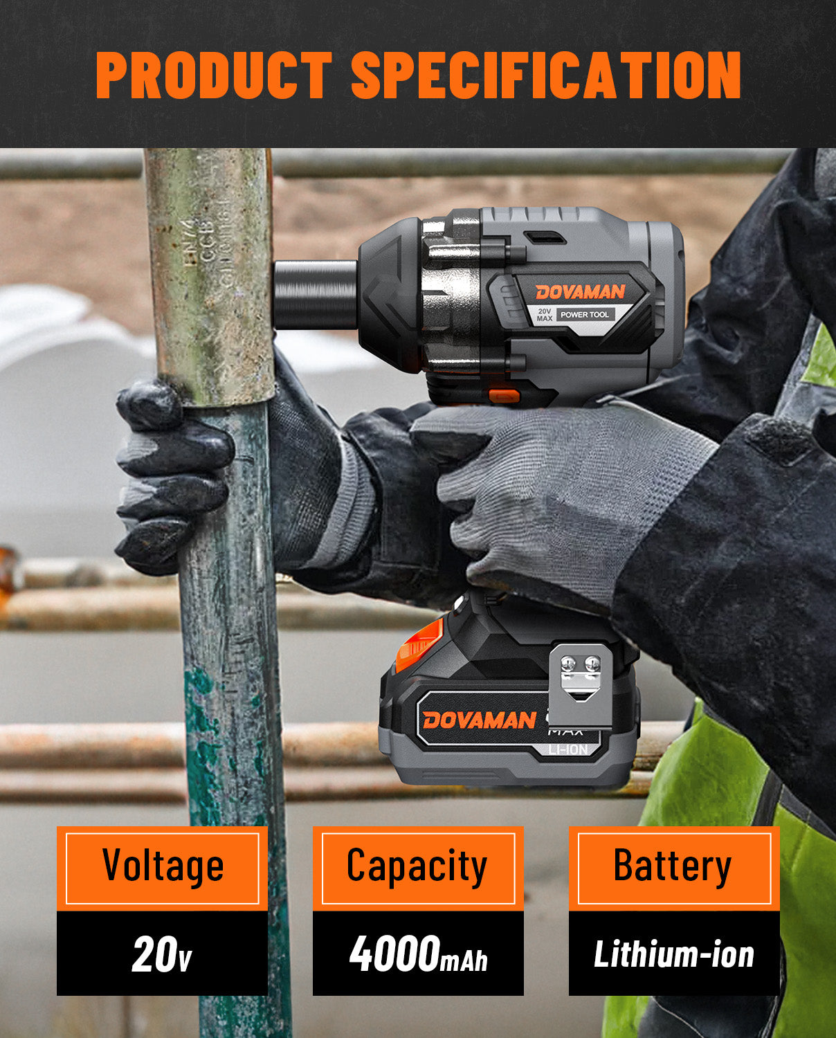 DOVAMAN B200 20V 4.0Ah Lithium-ion Battery Pack, Compatible with Cordless TITANCE X8 TITANCE X9 High Torque Impact Wrench (Battery Only)
